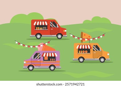 Food truck with street food concept. Colored flat vector illustration isolated.