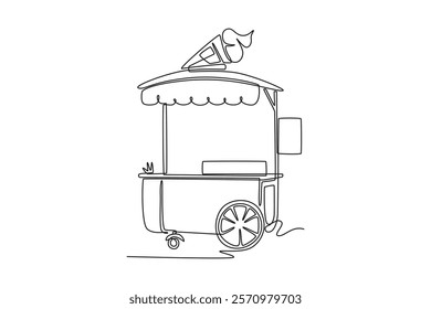 Food truck with street food concept. Single line draw design vector graphic illustration.