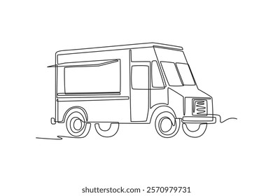 Food truck with street food concept. Single line draw design vector graphic illustration.