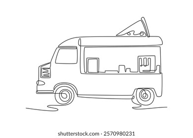 Food truck with street food concept. Single line draw design vector graphic illustration.