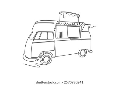 Food truck with street food concept. Single line draw design vector graphic illustration.