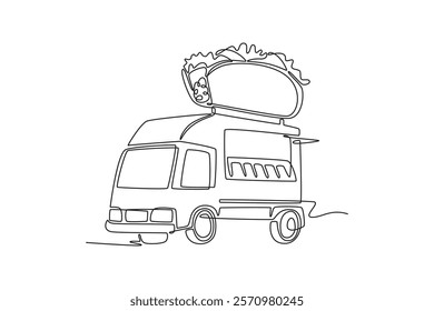 Food truck with street food concept. Single line draw design vector graphic illustration.