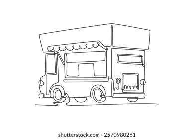 Food truck with street food concept. Single line draw design vector graphic illustration.