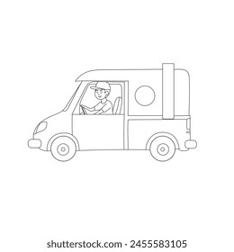 Camión de comida con comida callejera. bebidas en camión de comida, camioneta. Café sobre ruedas con coches retro. Comida rápida en tráiler, Pequeño negocio. Ilustración vectorial plana aislada sobre fondo blanco