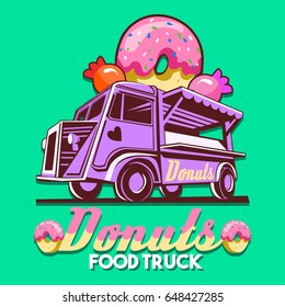 Food truck street logo for pink donut sweets shop chain fast delivery service or food festival. Truck van with strawberry glazed donut advertise ads vector logotype