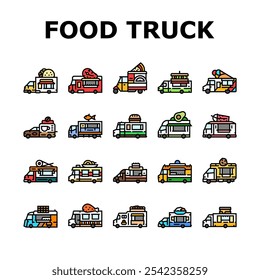 food truck street mobile cuisine icons set vector. gourmet vendor, festival tacos, burgers fusion, bbq pizza, vegan, fries, dessert food truck street mobile cuisine color line illustrations