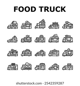 food truck street mobile cuisine icons set vector. gourmet vendor, festival tacos, burgers fusion, bbq pizza, vegan, fries, dessert food truck street mobile cuisine black contour illustrations