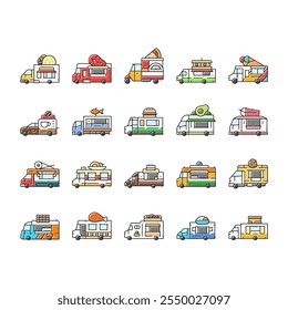 food truck street mobile cuisine icons set vector. gourmet vendor, festival tacos, burgers fusion, bbq pizza, vegan, fries, dessert food truck street mobile cuisine color line illustrations