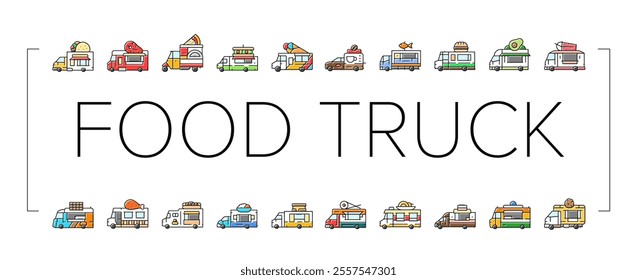 food truck street mobile cuisine icons set vector. gourmet vendor, festival tacos, burgers fusion, bbq pizza, vegan, fries, dessert food truck street mobile cuisine color line illustrations