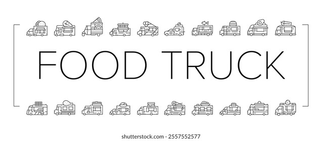 food truck street mobile cuisine icons set vector. gourmet vendor, festival tacos, burgers fusion, bbq pizza, vegan, fries, dessert food truck street mobile cuisine black contour illustrations