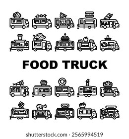 food truck street mobile cuisine icons set vector. gourmet vendor, festival tacos, burgers fusion, bbq, pizza, vegan food truck street mobile cuisine black contour illustrations