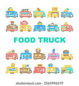 food truck street mobile cuisine icons set vector. gourmet vendor, festival tacos, burgers fusion, bbq, pizza, vegan food truck street mobile cuisine color line illustrations