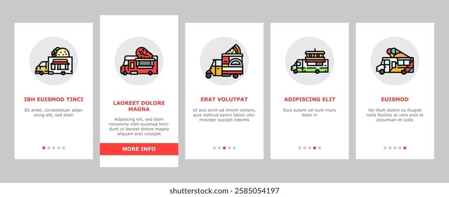 food truck street mobile cuisine onboarding mobile vector gourmet vendor, festival tacos, burgers fusion, bbq pizza, vegan, fries, dessert food truck street mobile cuisine illustrations