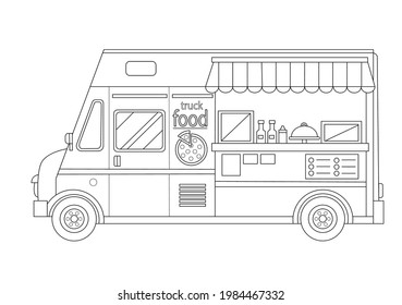 Food truck. Street food. Food van. Vector black and white illustration.