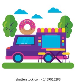 food truck sweet donut park street trees vector illustration