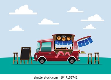 Food truck with Takoyaki shop Japanese snack with menu board and chair, drawing design style flat vector illustration