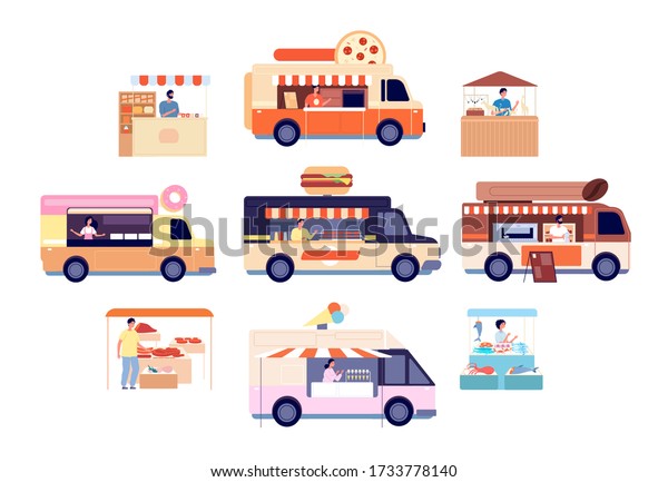 Food truck. Tasty snacks transport, isolated street\
vans with drinks menu and eat. Flat counter and fast food burgers\
pickup vector set