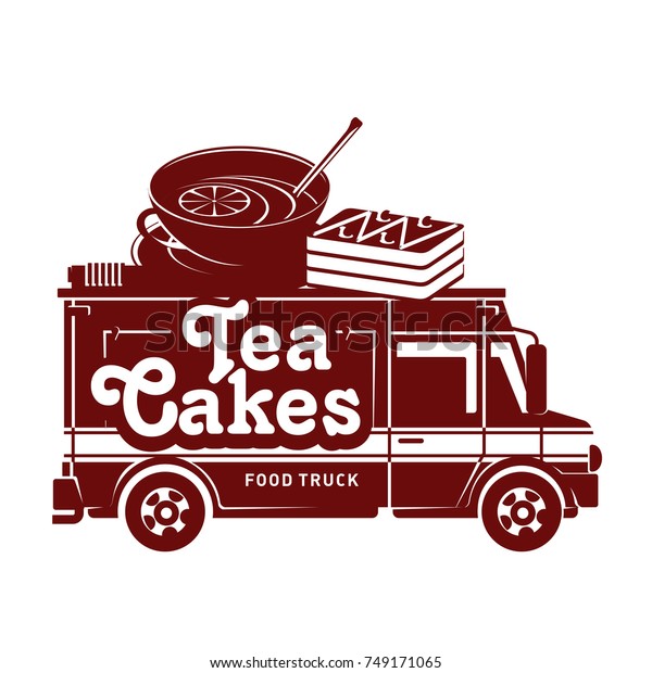 Food\
truck tea and cakes logo vector illustration. Vintage style badges\
and labels design concept for confectionery and food delivery\
service vehicles. Isolated on a white\
background