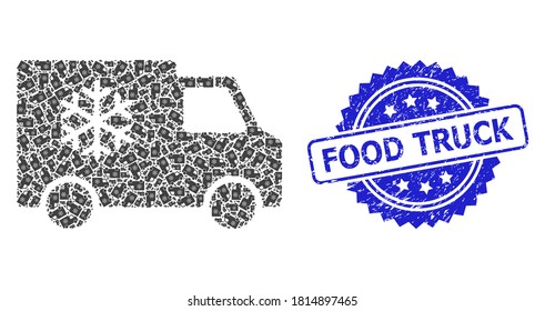 Food Truck textured stamp seal and vector recursive mosaic refrigerator car. Blue stamp seal has Food Truck title inside rosette.