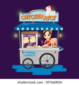 Food truck of Thai Chicken rice. Woman chops chicken for chicken rice on food truck.