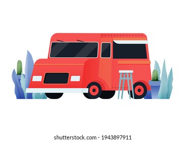 Food Truck Three-quarter view. Modern Flat Vector Illustration. Coffee Stop. Lettering Composition with Decorative Plant Elements. Colorful Cartoon Style Street Food Truck Van. Social Media Template.