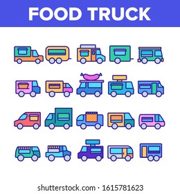 Food Truck Transport Collection Icons Set Vector Thin Line. Food Truck Vehicle With Sausage On Roof, Catering Trailer Street Cafe Concept Linear Pictograms. Color Contour Illustrations