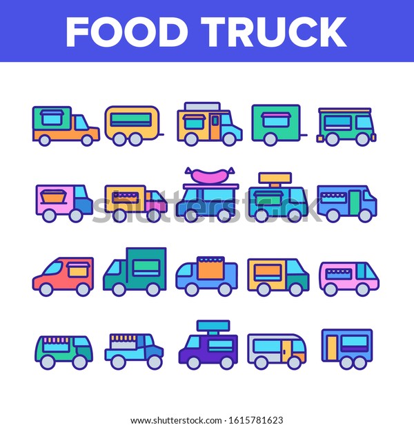 Food Truck\
Transport Collection Icons Set Vector Thin Line. Food Truck Vehicle\
With Sausage On Roof, Catering Trailer Street Cafe Concept Linear\
Pictograms. Color Contour\
Illustrations