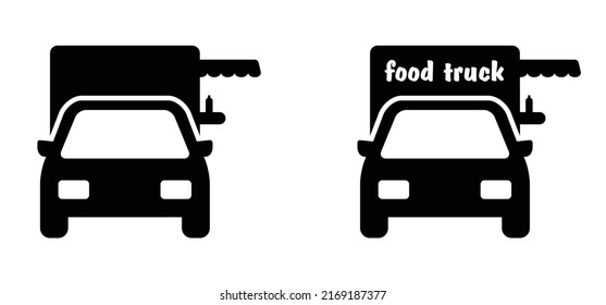 Food truck transport logo for pizza, beer, steak, fries or ice cream, Cartoon foods lorry front view icon or pictogram. foodtruck, street food shop. Truck or car kitchen. Fastfood cafe on wheels sign