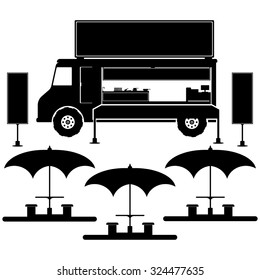 Food truck with umbrella, desk, chairs and menu board in black color. Flat design vector illustration.