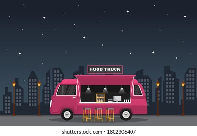 Food Truck Van Car Vehículo Calle Tienda Ilustración nocturna