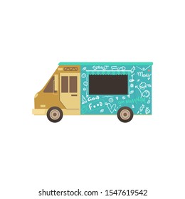 Food truck or van for fas delivery of street food, summer outdoor food festival concept. Isolated flat cartoon vector illustration.