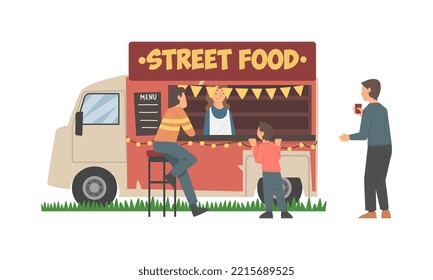 Food Truck Or Van For Fast Food Selling. Street Food Festival Car, City Park Cafe On Wheels Cartoon Vector Illustration