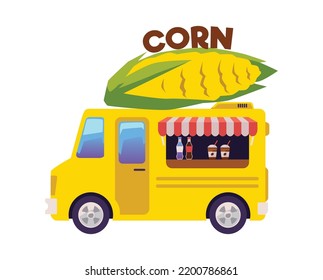 Food truck or van with huge corn on roof for street food festivals and fast food canteens, flat cartoon vector illustration isolated on white background.