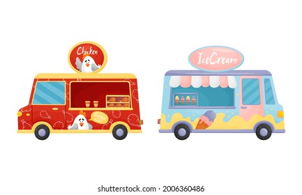 Food Truck or Van Selling Chicken and Ice Cream Vector Set