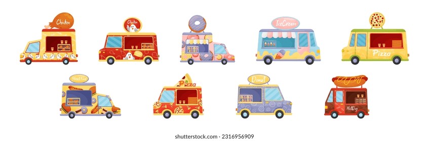 Food Truck or Van Selling Donut, Hot Dog, Chicken and Pizza Vector Set