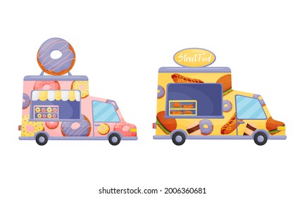 Food Truck or Van Selling Doughnut and Burger Vector Set