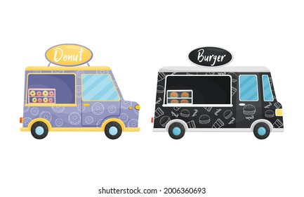 Food Truck or Van Selling Doughnut and Burger Vector Set