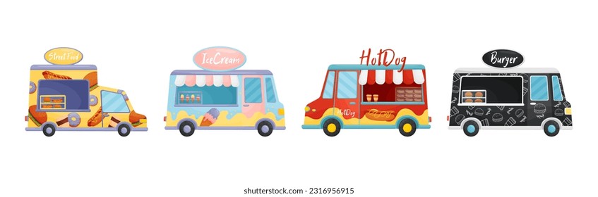 Food Truck or Van Selling Hot Dog, Ice Cream and Burger Vector Set