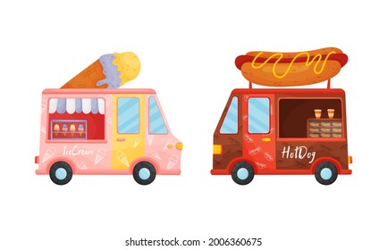 Food Truck or Van Selling Ice Cream and Hot Dog Vector Set