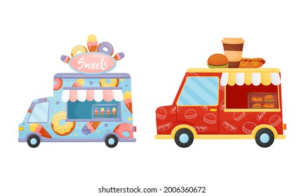 Food Truck or Van Selling Sweet Confectionery and Coffee Vector Set