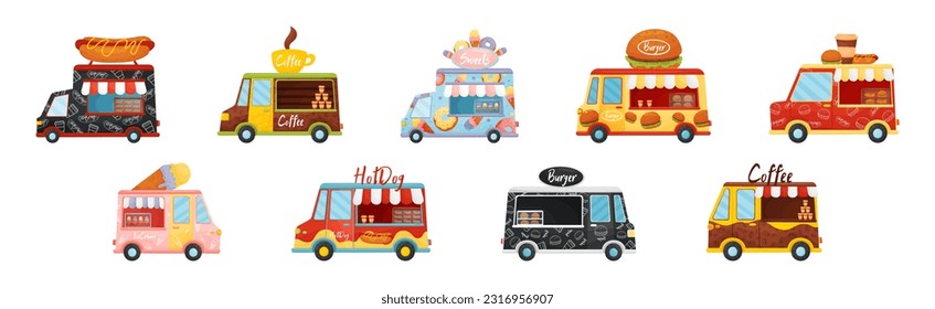 Food Truck or Van Selling Sweets, Coffee, Hot Dog and Burger Vector Set