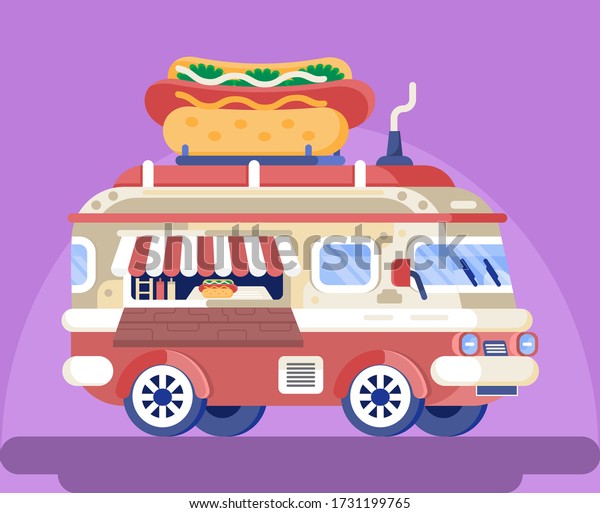 Food truck vector concept. Car with big hot\
dog. Street truck for selling of fast food. Van with cafe meals on\
violet background.
