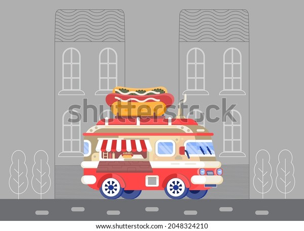 Food truck vector concept. Car with big hot dog.
Street truck for selling of fast food. Van with café meals in the
city.