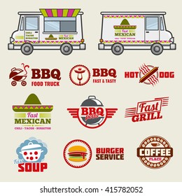 Food Truck Vector Emblems And Vehicle Template. Emblem Food Truck, Label Food Truck, Bbq Label And Food Truck Illustration