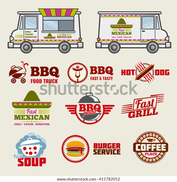 Food\
truck vector emblems and vehicle template. Emblem food truck, label\
food truck, bbq label and food truck\
illustration