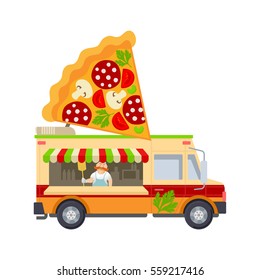 Food truck vector flat illustration. Modern design concept compositions for food delivery service vehicles. Web graphics, advertisements, brochures, business templates. Isolated on a white background