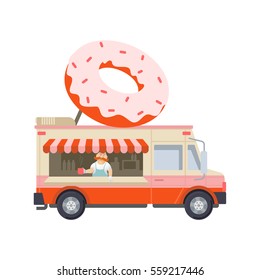 Food truck vector flat illustration. Modern design concept compositions for food delivery service vehicles. Web graphics, advertisements, brochures, business templates. Isolated on a white background