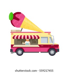 Food truck vector flat illustration. Modern design concept compositions for food delivery service vehicles. Web graphics, advertisements, brochures, business templates. Isolated on a white background