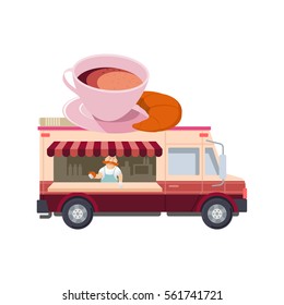 Food truck vector flat illustration. Modern design concept compositions for food delivery service vehicles. Web graphics, advertisements, brochures, business templates. Isolated on a white background