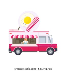 Food truck vector flat illustration. Modern design concept compositions for food delivery service vehicles. Web graphics, advertisements, brochures, business templates. Isolated on a white background